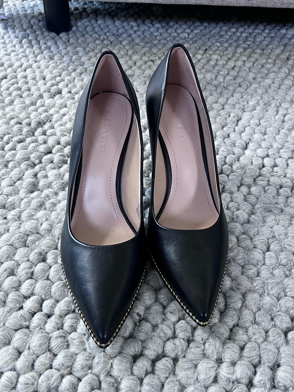 Coach Black Pointed Toe Pumps with Studded Gold Trim